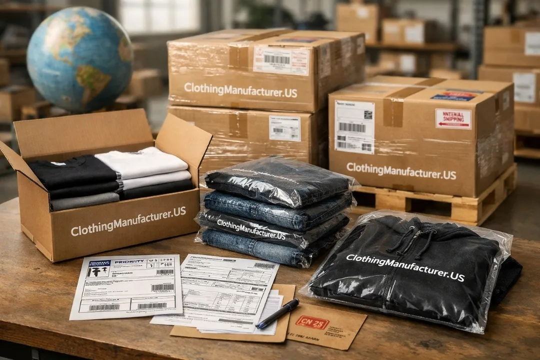 Final packing stage of the apparel production process with retail-ready labelled cartons