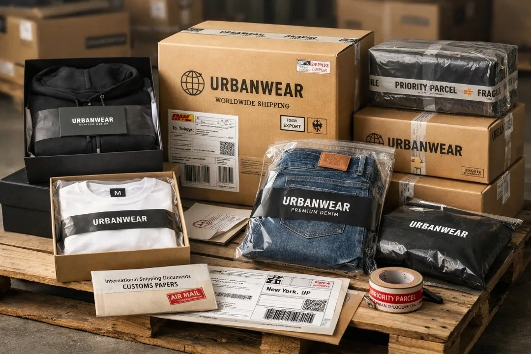 Global apparel shipping warehouse with export-ready clothing pallets