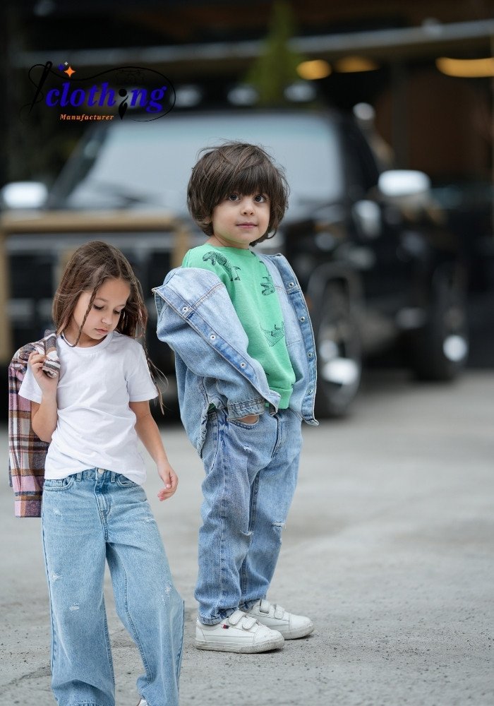 Our kids denim collection includes jeans, jackets, and shorts made from high-quality denim by a trusted children clothes manufacturer. Available for OEM production and bulk orders, these denim pieces combine comfort, durability, and style. We offer private labeling and custom designs, helping brands deliver premium denim apparel for children. Clothing Manufacturer Terms and Conditions