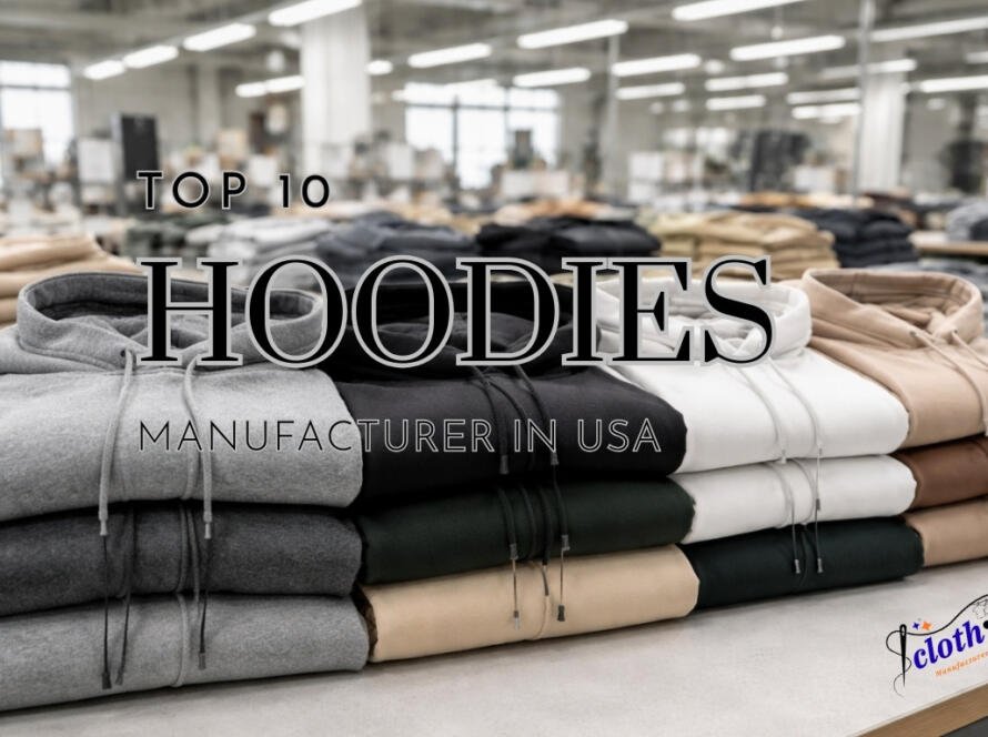 Premium custom fleece hoodies neatly folded in a modern apparel manufacturing facility, showcasing high-quality streetwear hoodie production for private label fashion brands. With a label text on it as Top 10 Hoodie Manufacturers in USA