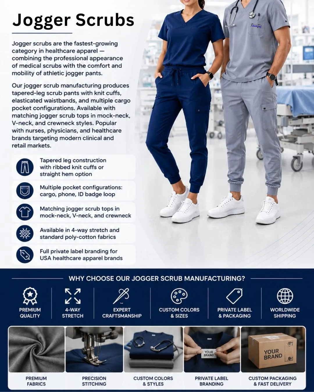 Jogger scrub manufacturer USA — custom jogger scrubs with tapered fit for nurses and healthcare staff
