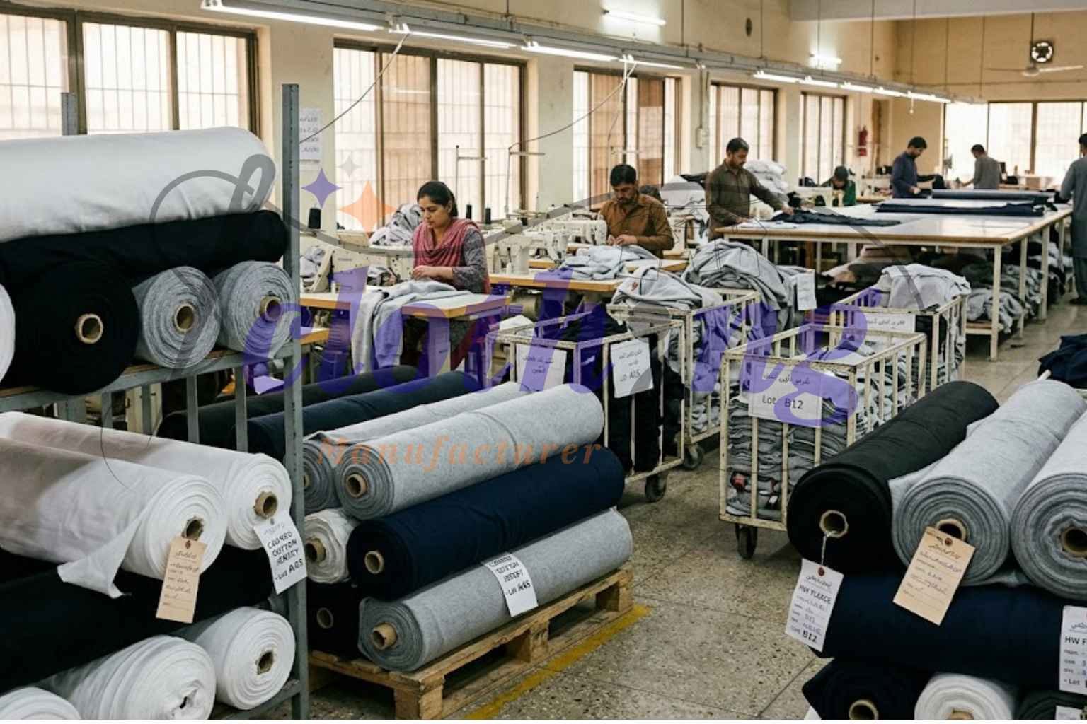 Premium cotton and fleece fabrics in garment production at ClothingManufacturer.US Sialkot factory