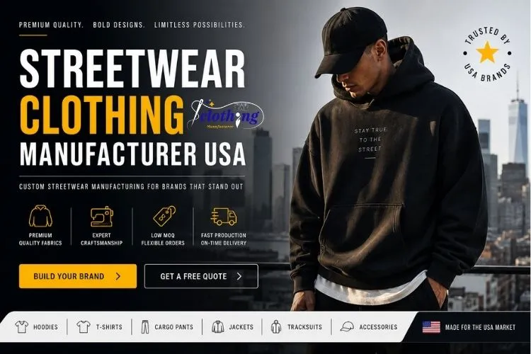 Streetwear clothing manufacturer USA by CLOTHINGMANUFACTURER.US showcasing premium custom hoodie production for urban fashion brands