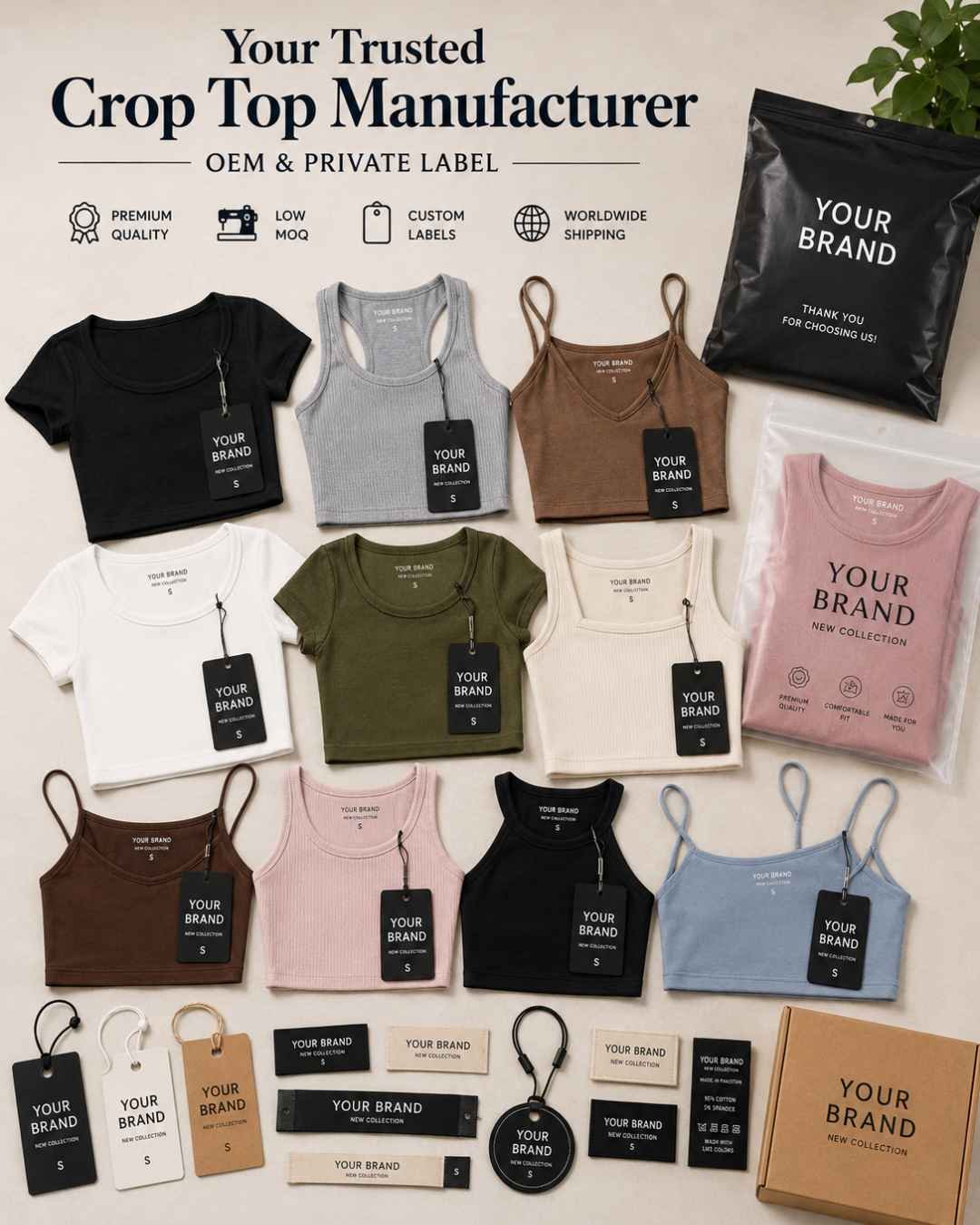 Custom crop top manufacturer — private label women's crop tops with branded packaging by ClothingManufacturer.US