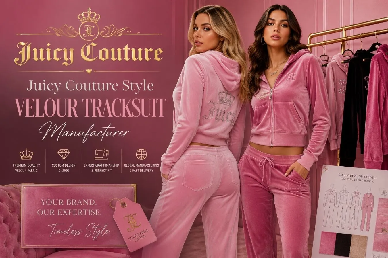 Custom Juicy Couture style velour tracksuit set manufacturer — private label Y2K velour tracksuits for USA fashion brands