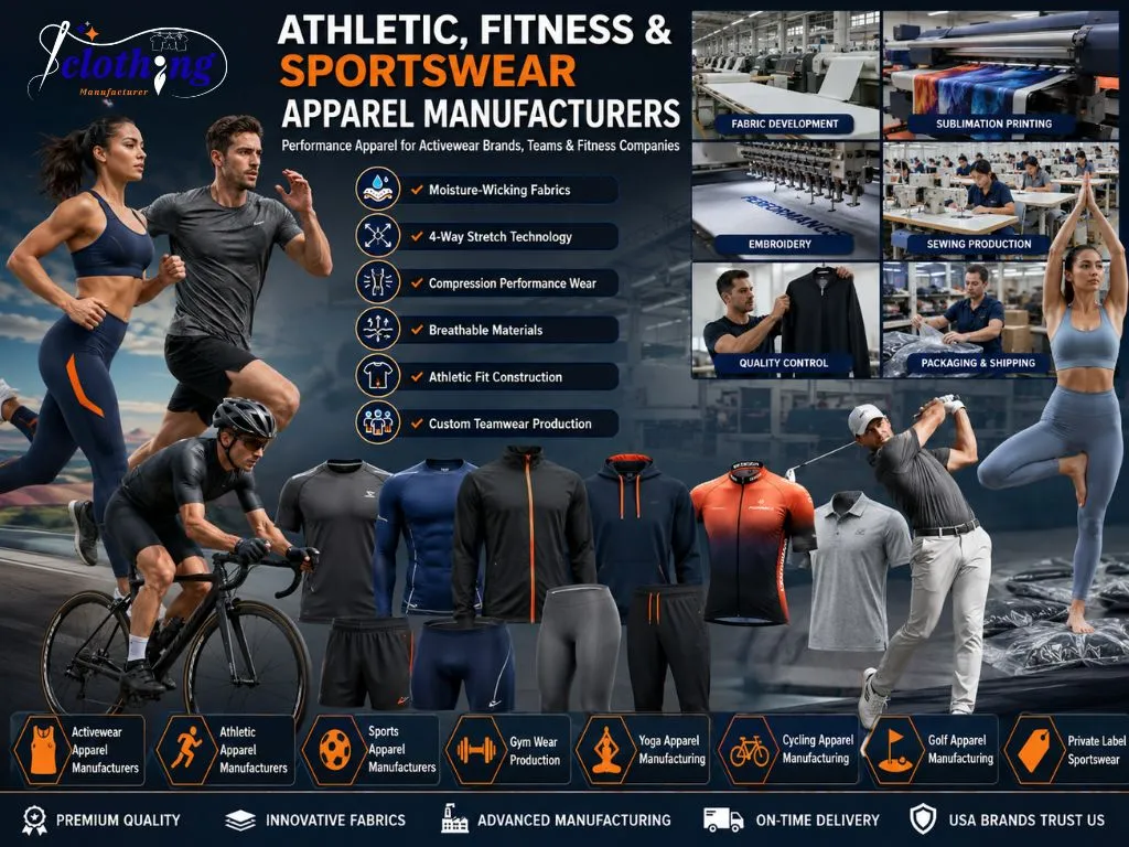 Athletic apparel manufacturers, fitness apparel manufacturers and sportswear apparel manufacturers USA
