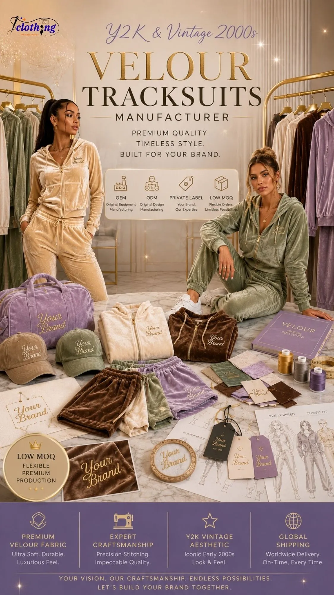 Y2K 2000s Juicy Couture tracksuit manufacturer — vintage velour tracksuit set revival fashion