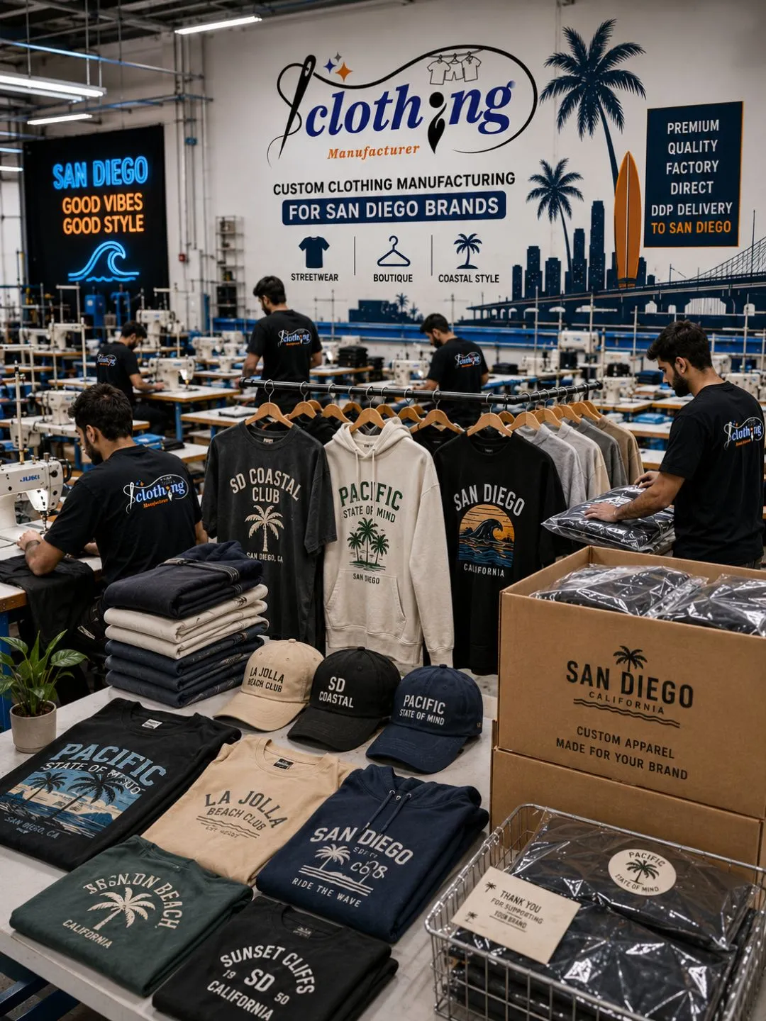 Custom coastal apparel and fitness wear manufactured for San Diego California brands
