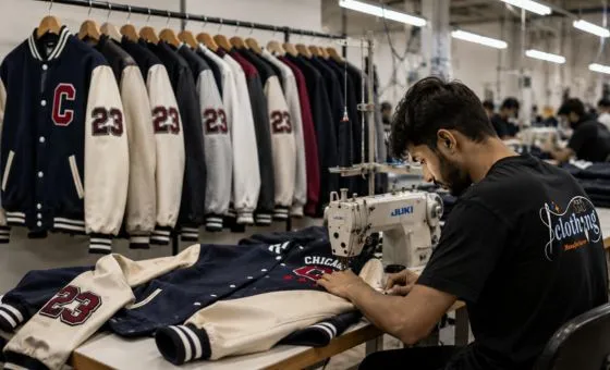 Custom varsity jackets manufactured for Chicago apparel brands with chenille patches and leather sleeves