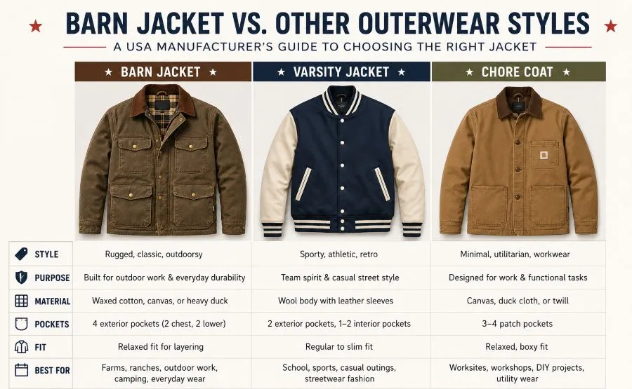 Barn jacket manufacturer USA comparison of barn jacket, varsity, and chore coat styles