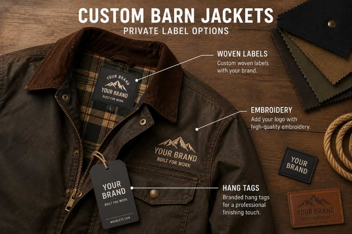 Private label barn jacket customization with woven labels, hang tags, and embroidery