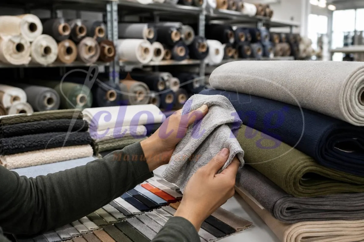 Fabric sourcing stage of the clothing manufacturing process with knit and fleece rolls
