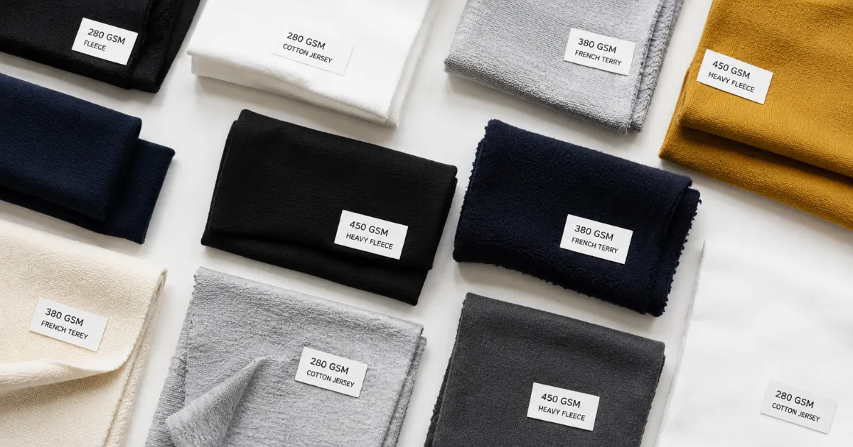 Minimum Order Quantity in Clothing Manufacturing | CML.US 2 Fabric swatches different GSM weights clothing manufacturing — minimum order quantity MOQ fabric minimums explained