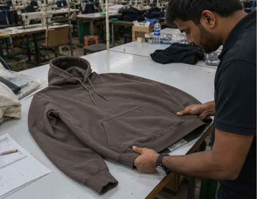 Heavyweight hoodie produced through the clothing production stages at our factory