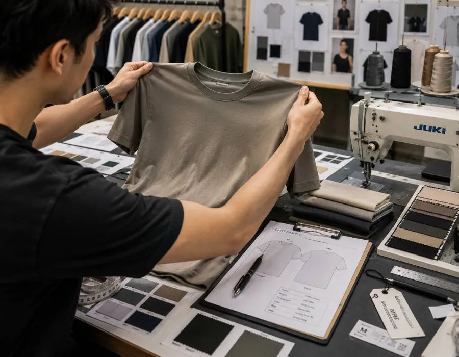 Sampling stage of the garment manufacturing process producing a pre-production t-shirt sample