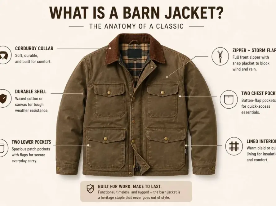Diagram showing the four-pocket, corduroy-collar of a classic barn jacket