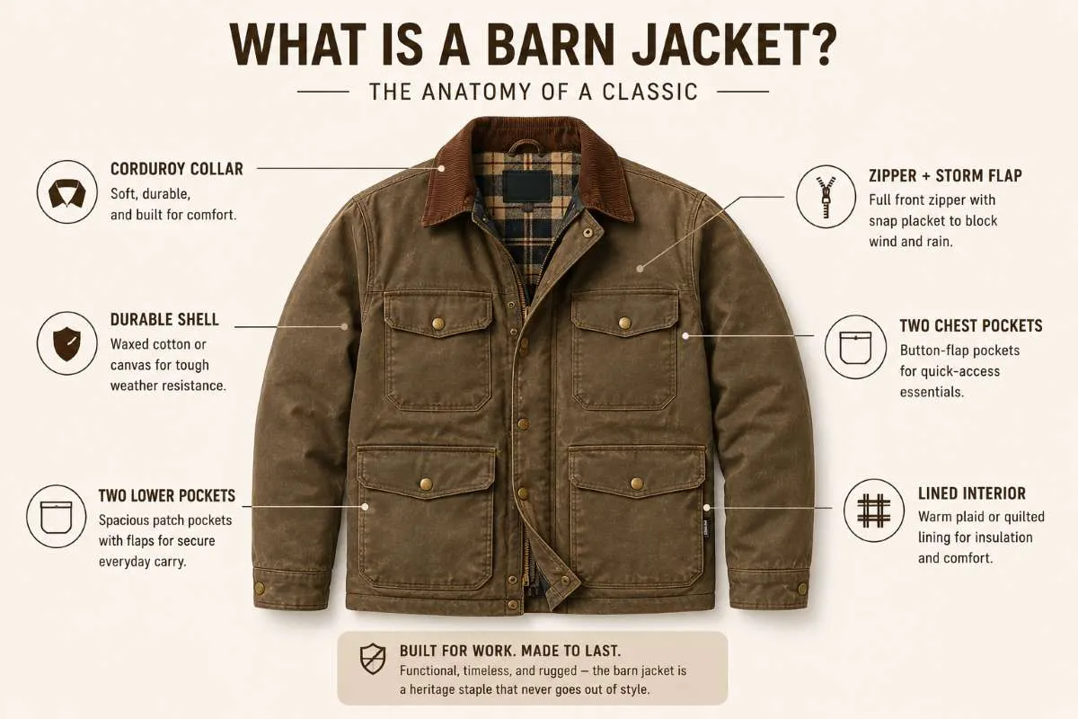 Diagram showing the four-pocket, corduroy-collar  of a classic barn jacket