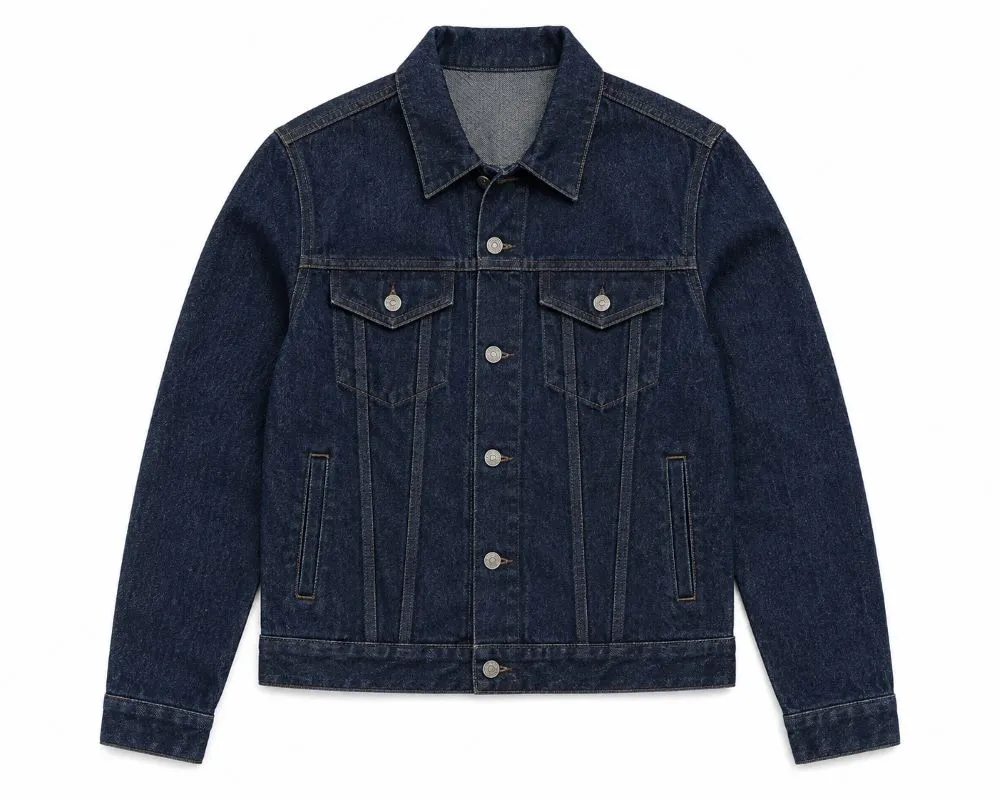 Custom Denim Jacket Manufacturer USA | MOQ 10 Units 1 Custom denim jacket manufacturer front view, classic trucker style