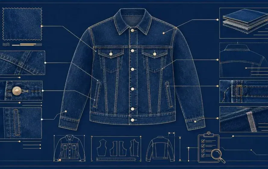 Denim jacket fabric construction blueprint showing weight, reinforced seams and inspection points