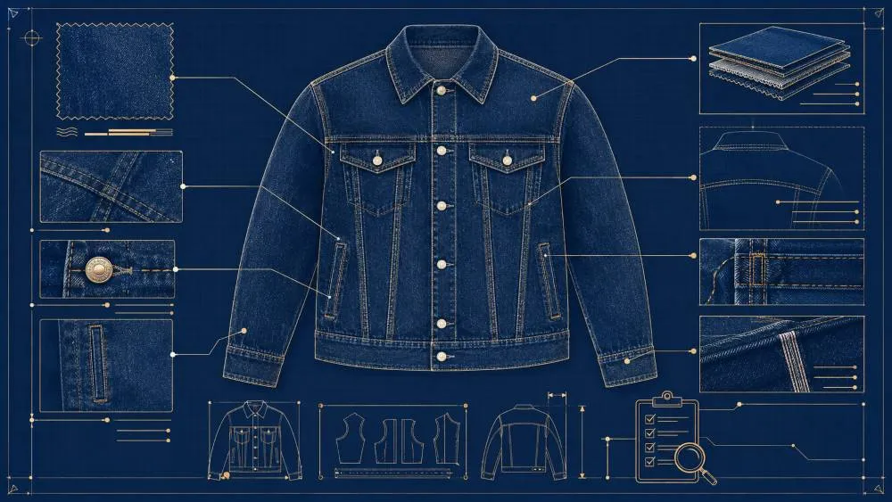 Denim jacket fabric construction blueprint showing weight, reinforced seams and inspection points