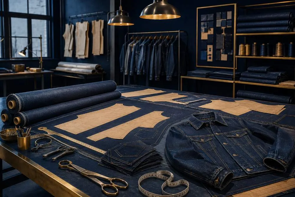 Denim jacket cutting room with fabric rolls and pattern pieces for private label production