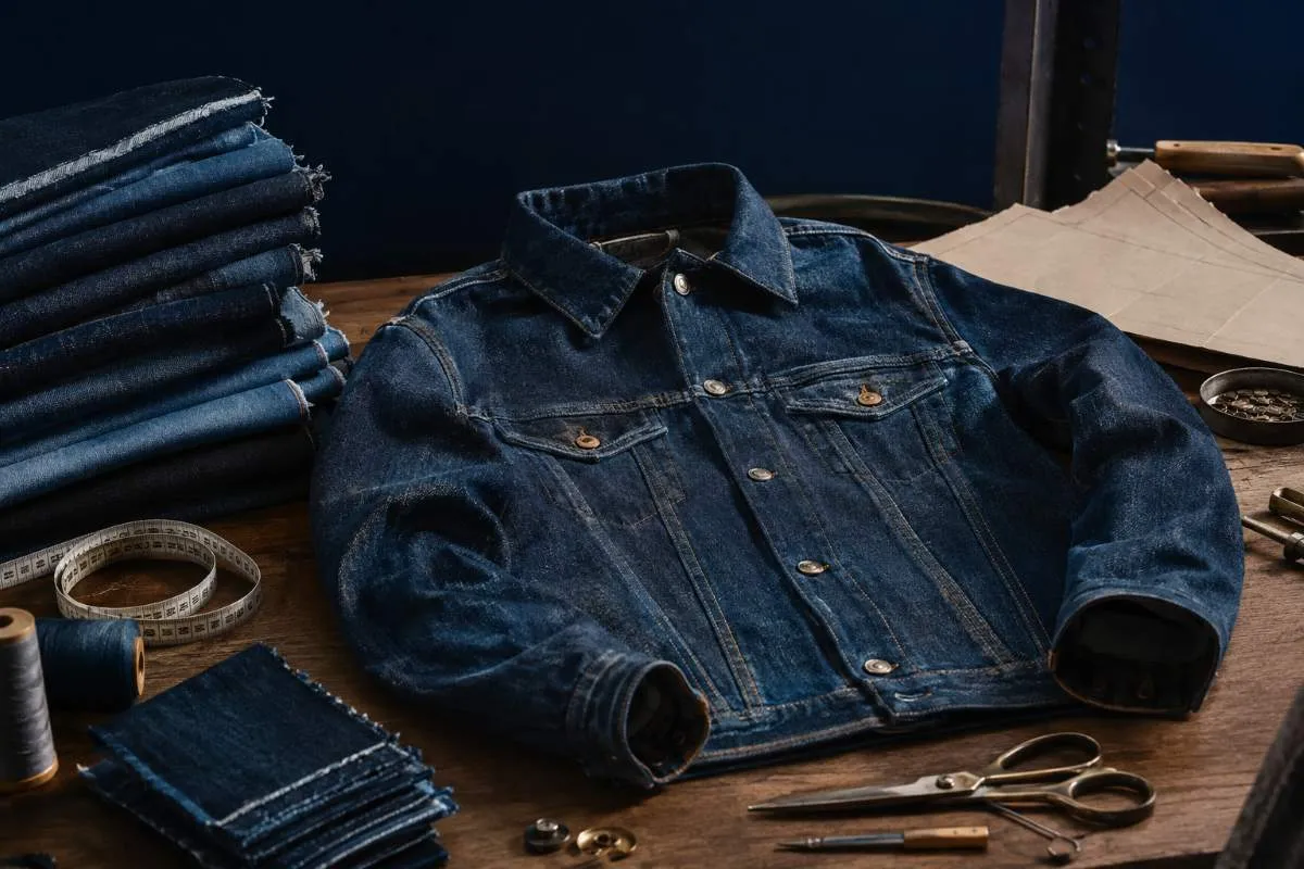 Denim fabric jacket on a worktable with a 10 ounce swatch and measuring tape