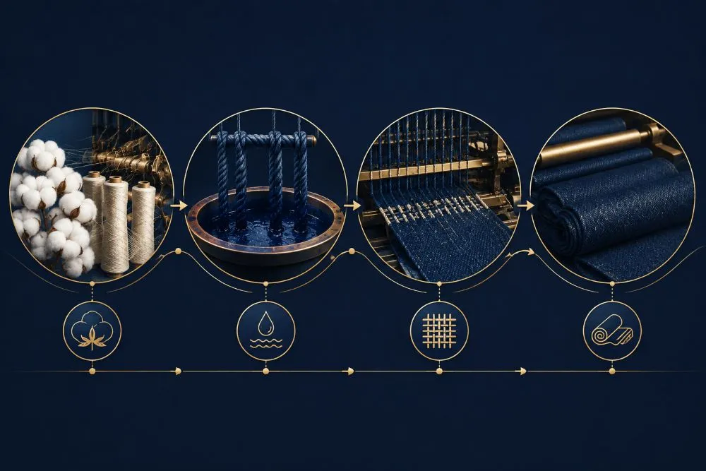 How denim fabric is made from cotton yarn through dyeing, weaving and finishing