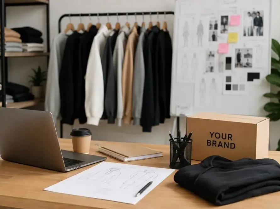 Fashion startup workspace with clothing samples, laptop, design sketches and private label apparel planning for a guide on how to start a clothing brand in 2026 by ClothingManufacturer.us.