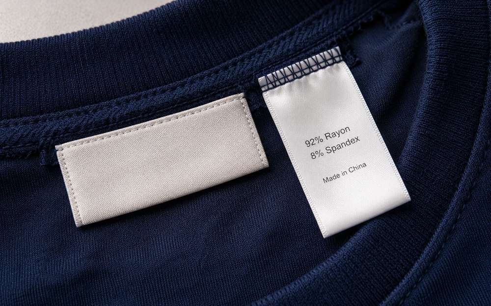 Private label woven neck tag and rayon fiber-content care label sewn into a custom garment