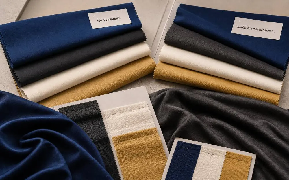 Rayon-spandex and rayon-polyester-spandex fabric swatches compared for stretch and drape