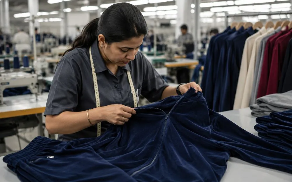 Quality control inspector checking rayon-blend garments on the production line before shipment