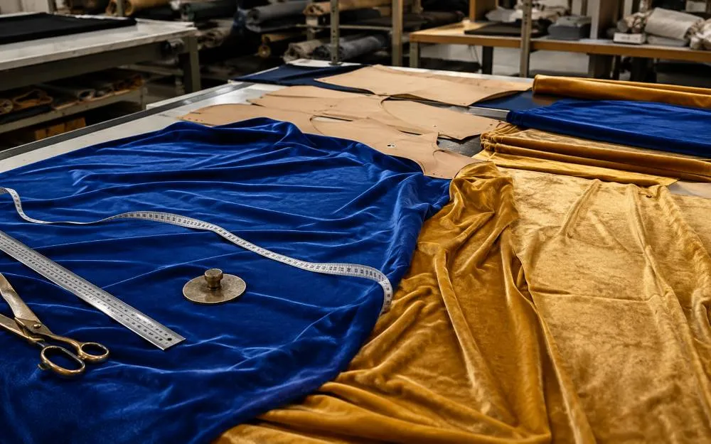 What is rayon fabric? Rayon-blend velour tracksuit fabric on a factory cutting table
