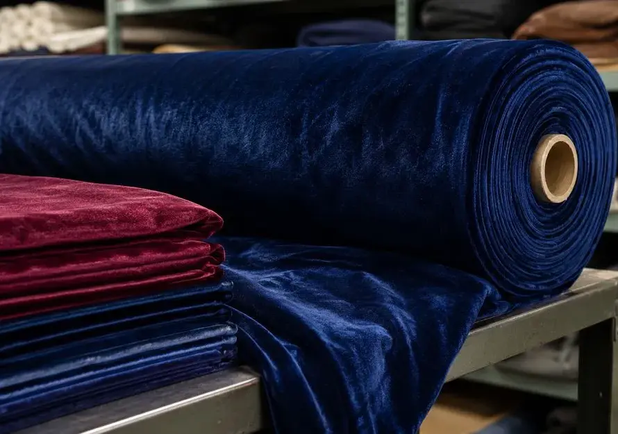 Roll of rayon-blend velour fabric used for custom tracksuit and loungewear manufacturing