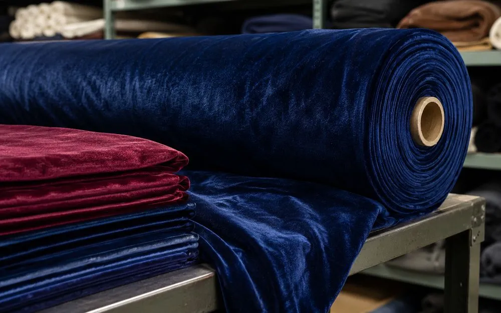 Roll of rayon-blend velour fabric used for custom tracksuit and loungewear manufacturing