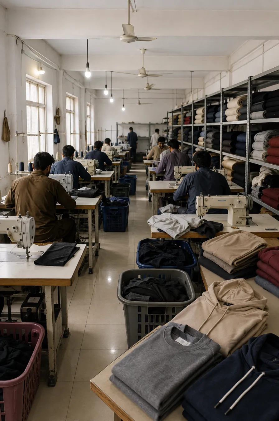 Sewing operators cutting and stitching garments on the ClothingManufacturer.US factory floor in Sialkot, Pakistan, with folded hoodies and fabric rolls in the foreground