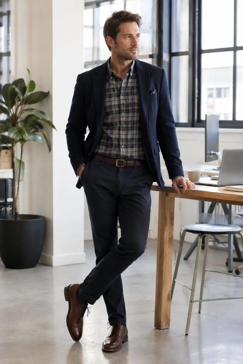 Flannel shirt styled with chinos and a blazer for a business casual office look