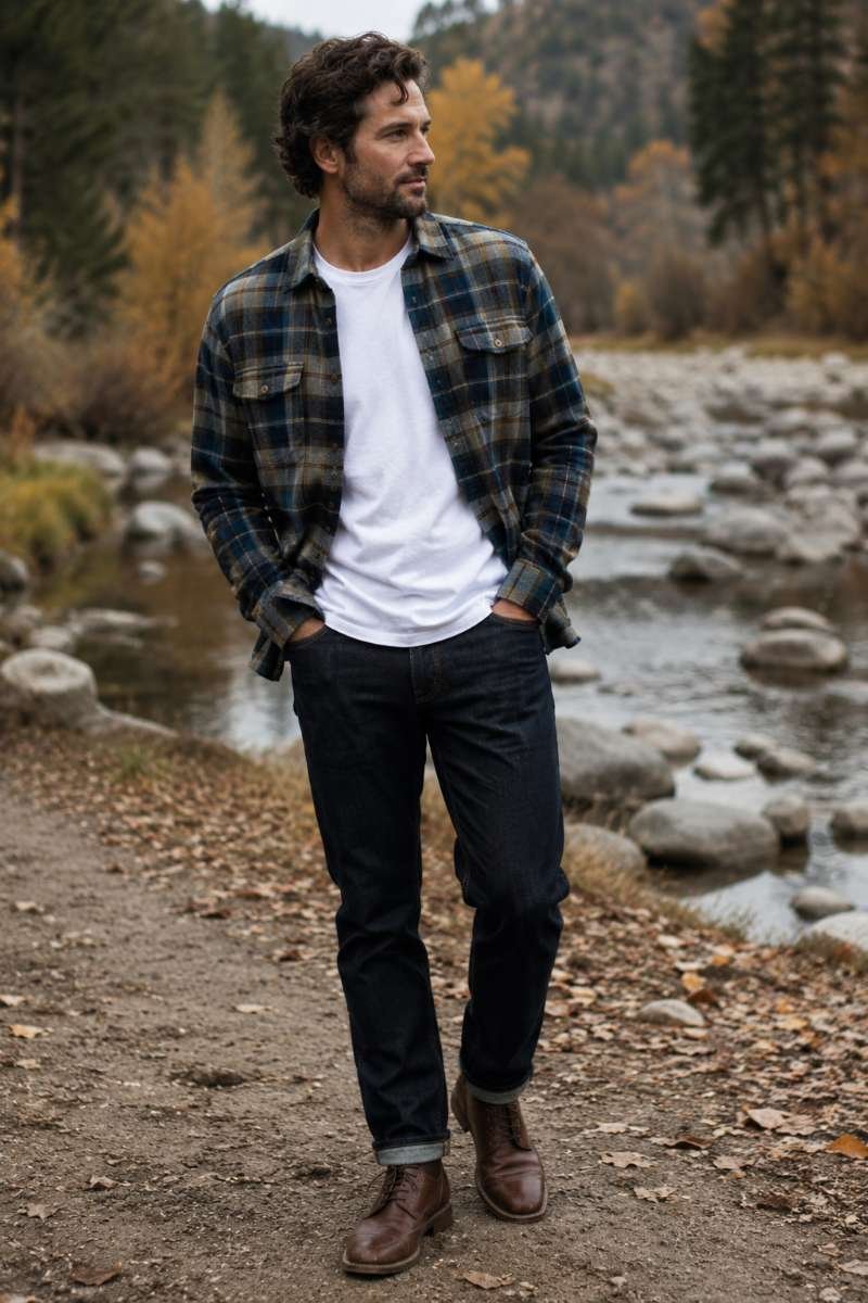 Man layering a flannel shirt over a plain t-shirt for a casual outfit