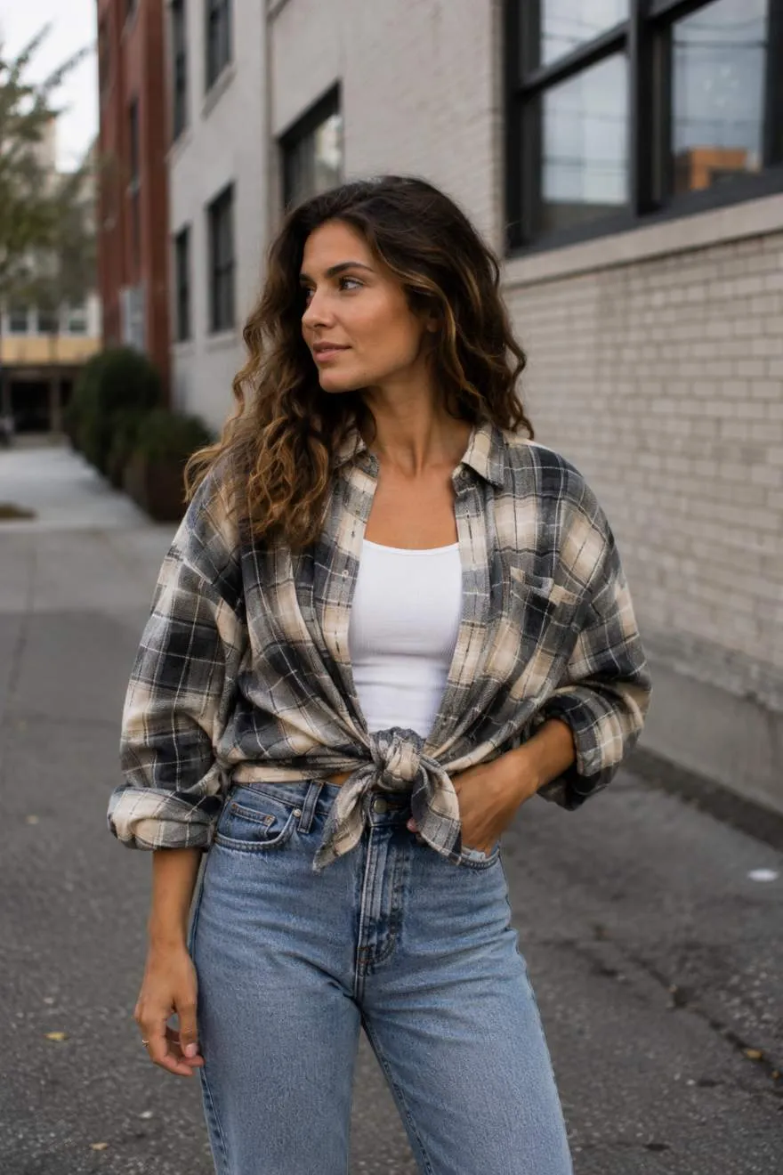 Woman wearing an oversized flannel shirt tied at the waist as a jacket layer