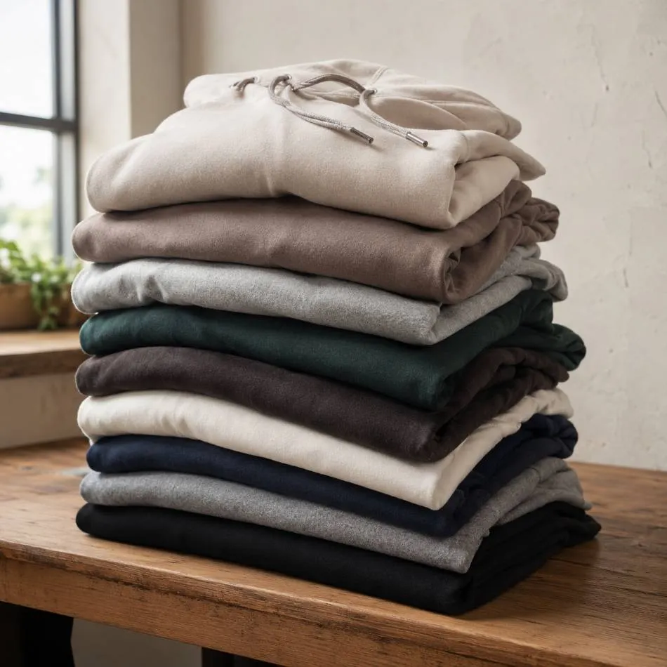 Small-batch folded hoodie stack for a low MOQ streetwear order
