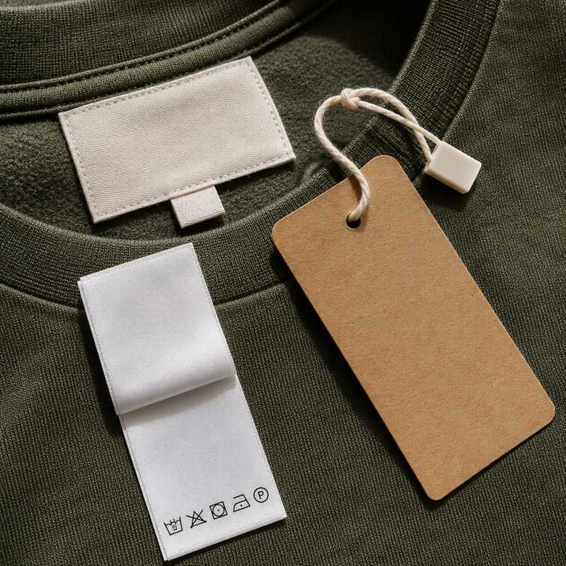 Private label woven tags and packaging for a custom streetwear order