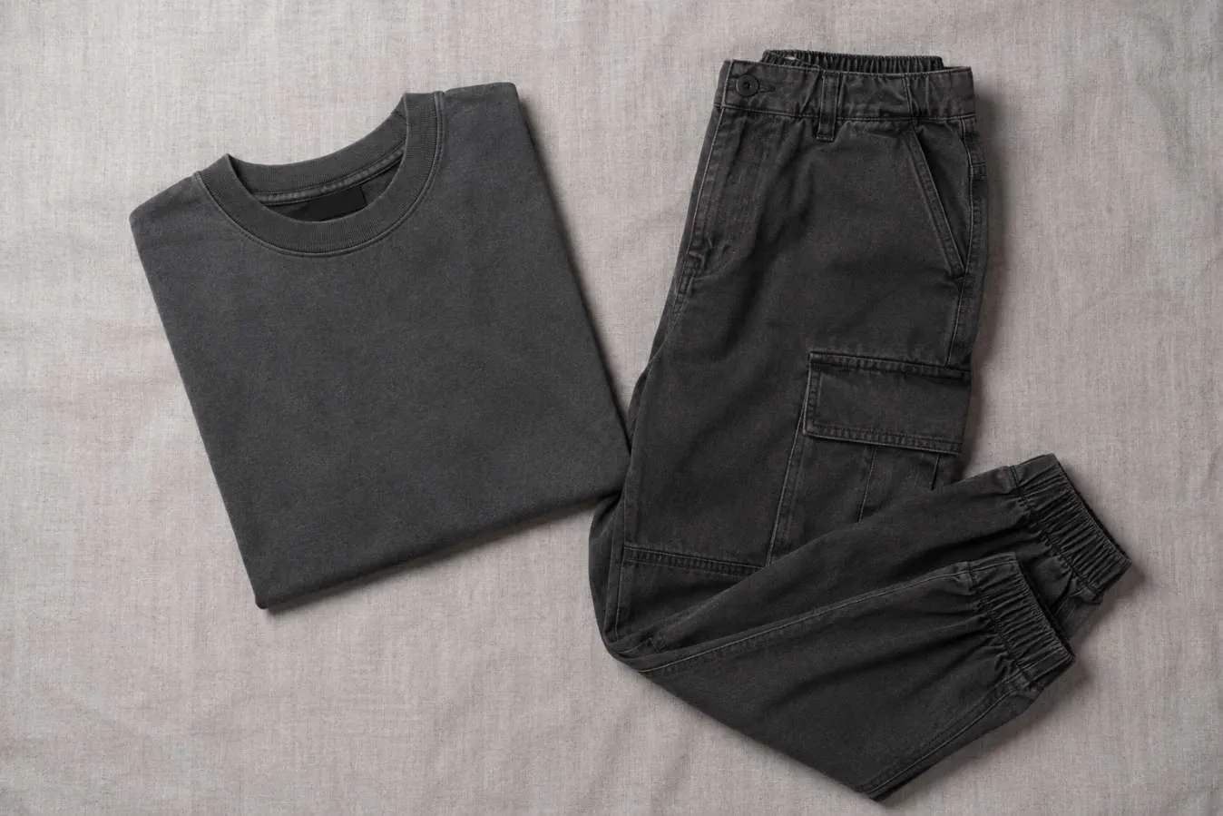 Custom streetwear tee and cargo pants flat-lay from ClothingManufacturer.US
