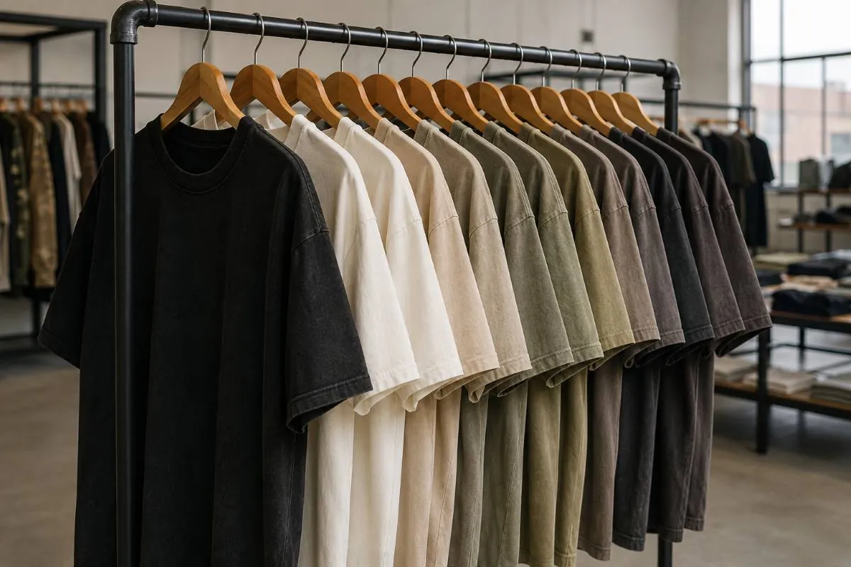 Custom oversized streetwear t-shirts on a production rack