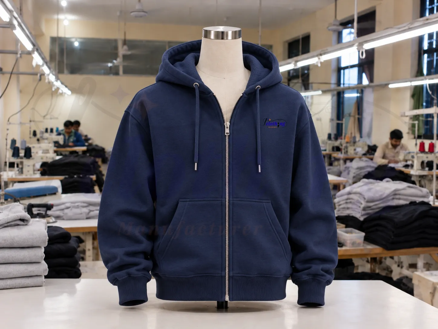 Custom zip-up hoodie manufacturing with durable zippers for activewear brands