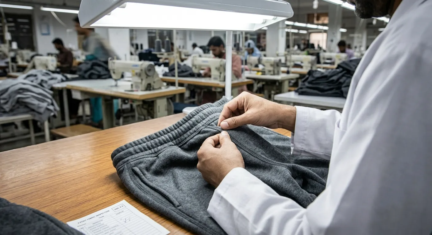 Quality control inspector checking stitching on jogger pants during aql 2. 5 inspection