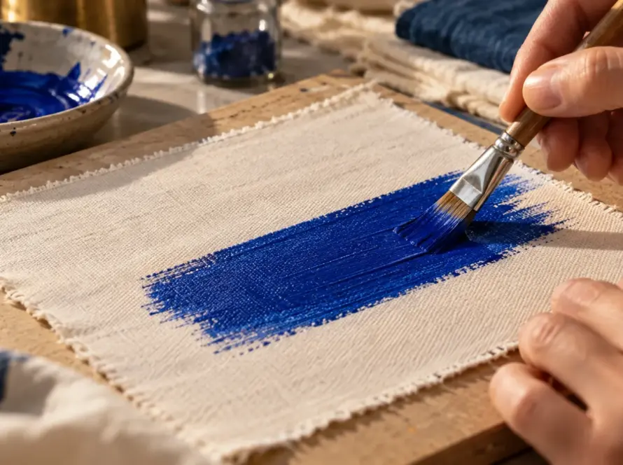 Can you use acrylic paint on fabric? Complete guide (2026), acrylic paint being brushed in thin layers onto prewashed cotton fabric