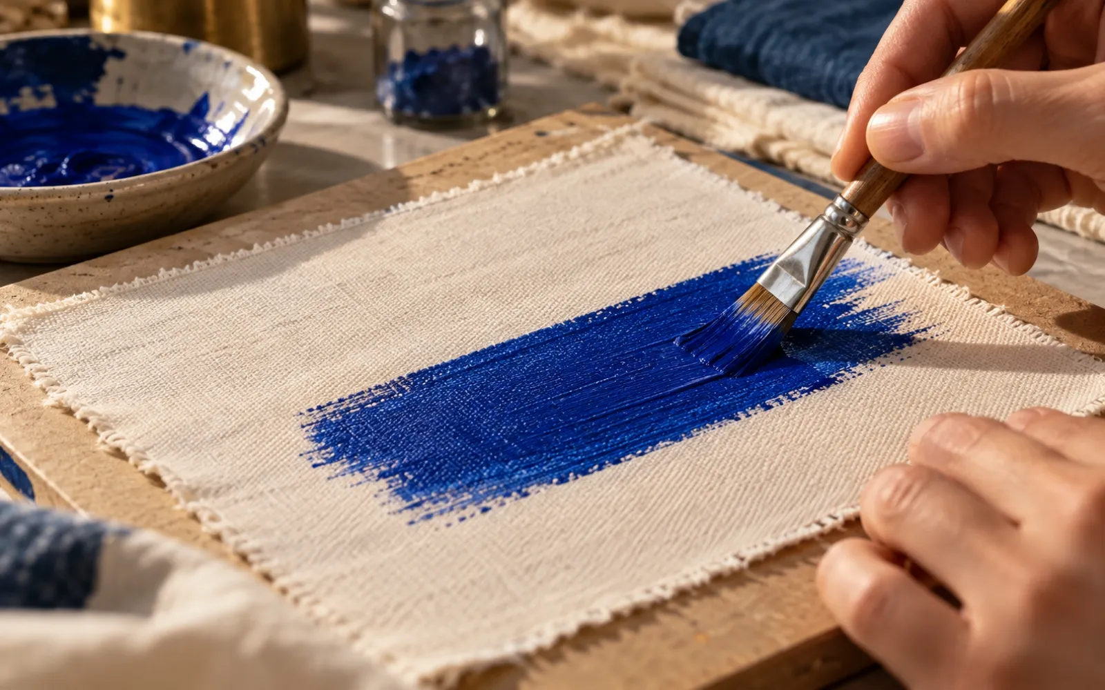 Acrylic paint being brushed in thin layers onto prewashed cotton fabric