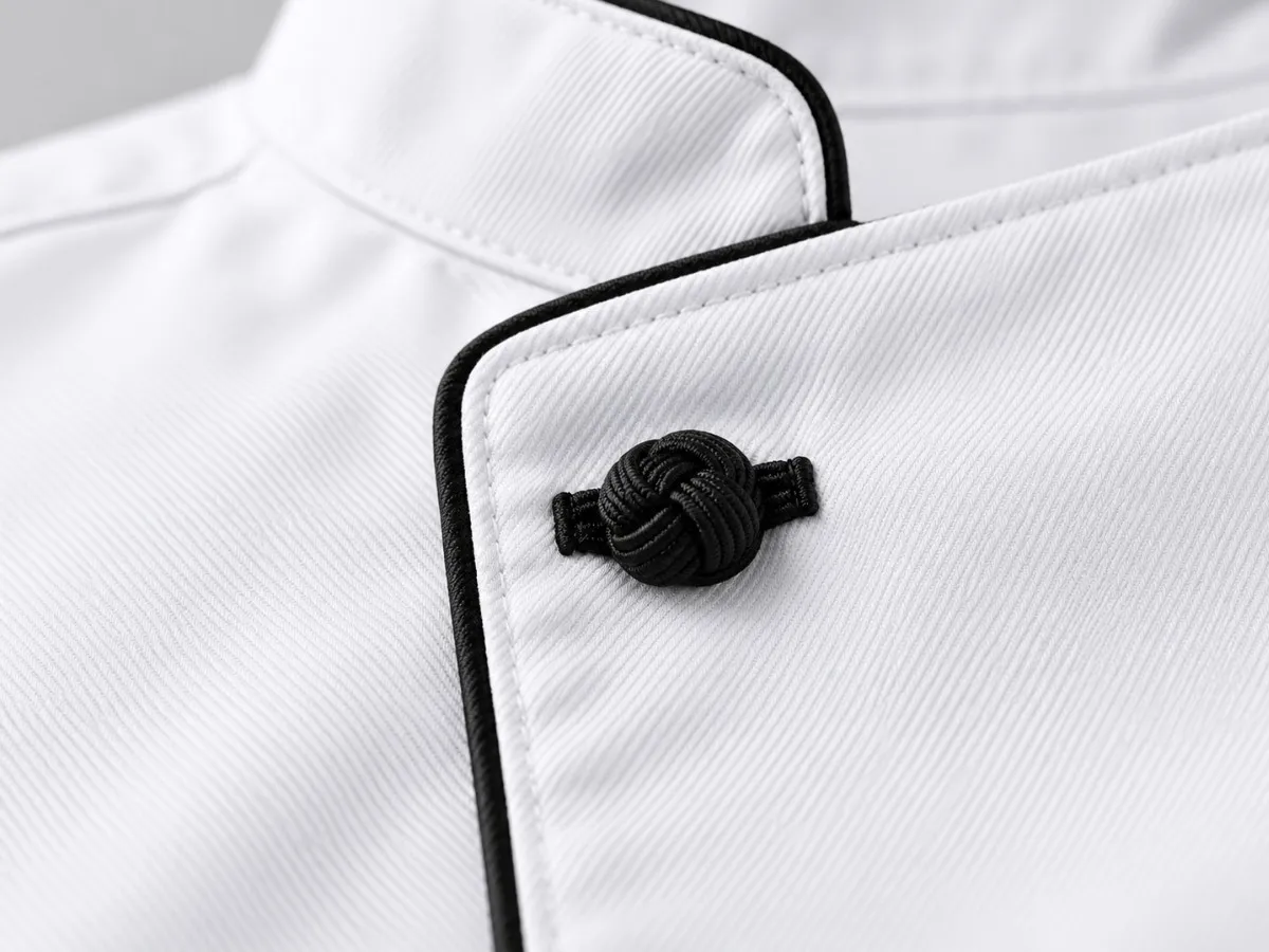 Chef coat knot button and stitching construction detail