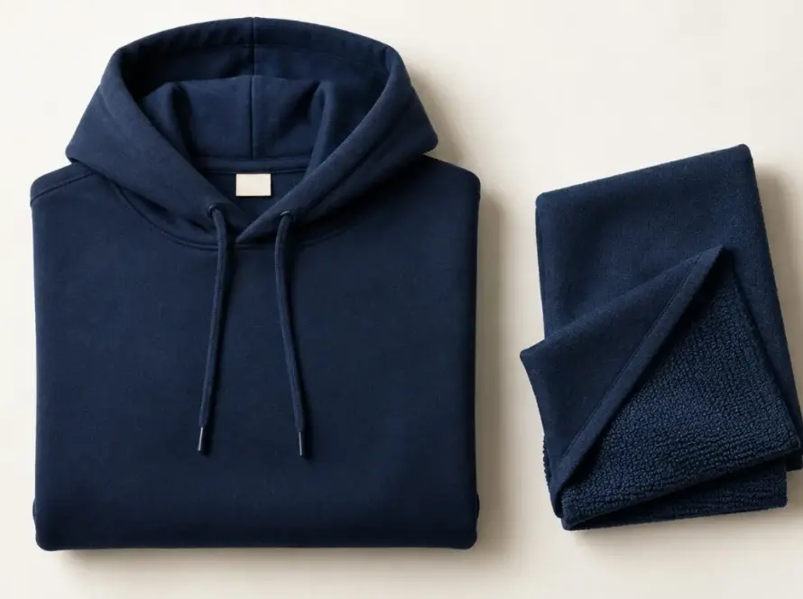 Custom french terry hoodie flat lay showing loop interior texture and woven label