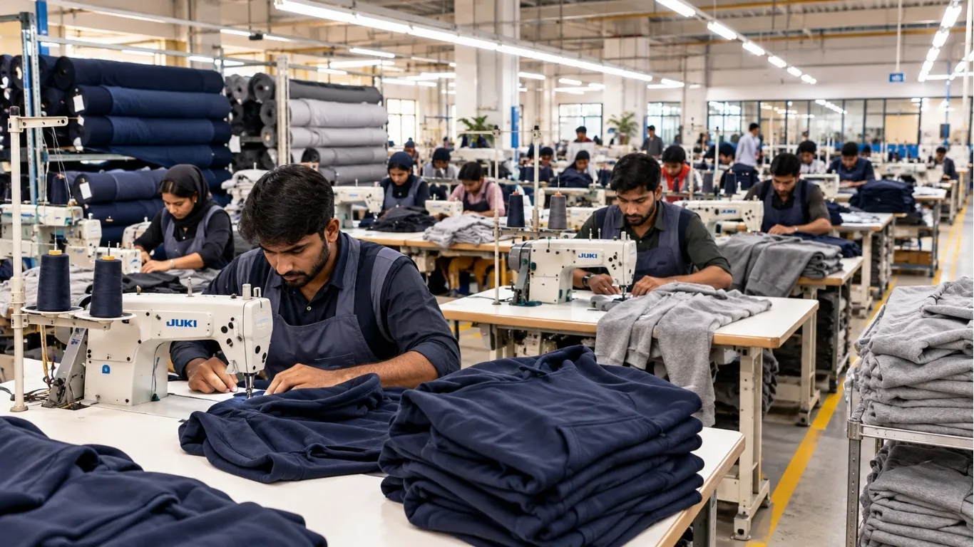 French Terry Hoodie: Gsm, Fabric &Amp; Custom Manufacturing Explained 3 Custom french terry hoodie production floor at clothingmanufacturer. Us in sialkot pakistan
