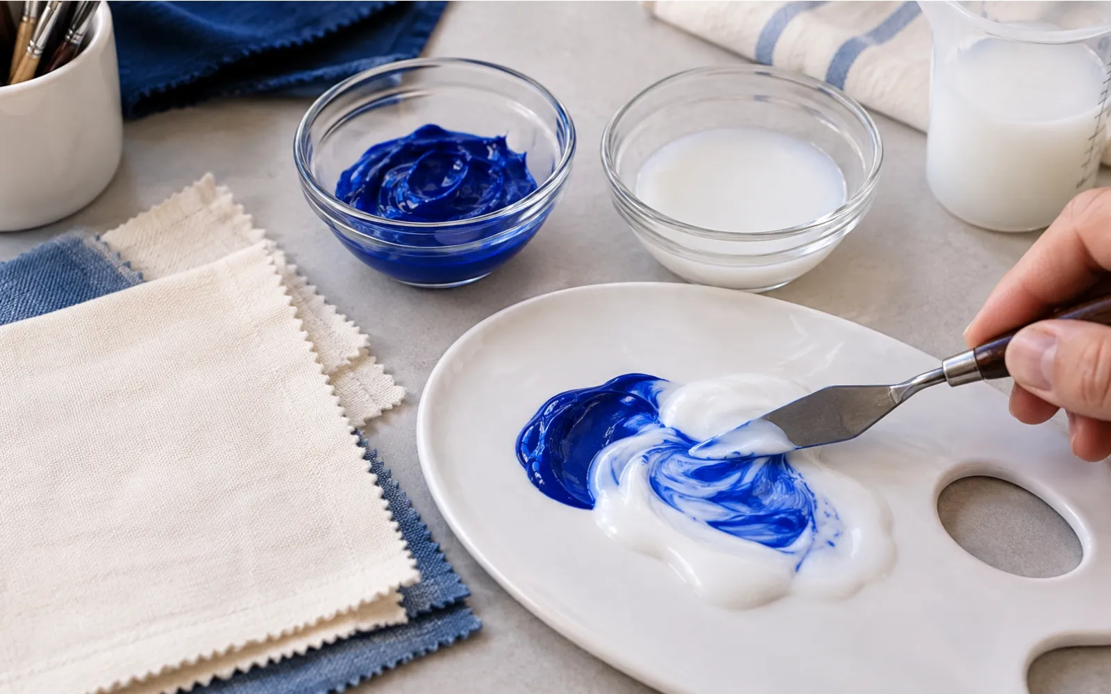 Fabric medium being mixed with acrylic paint in a one-to-one ratio for textile painting